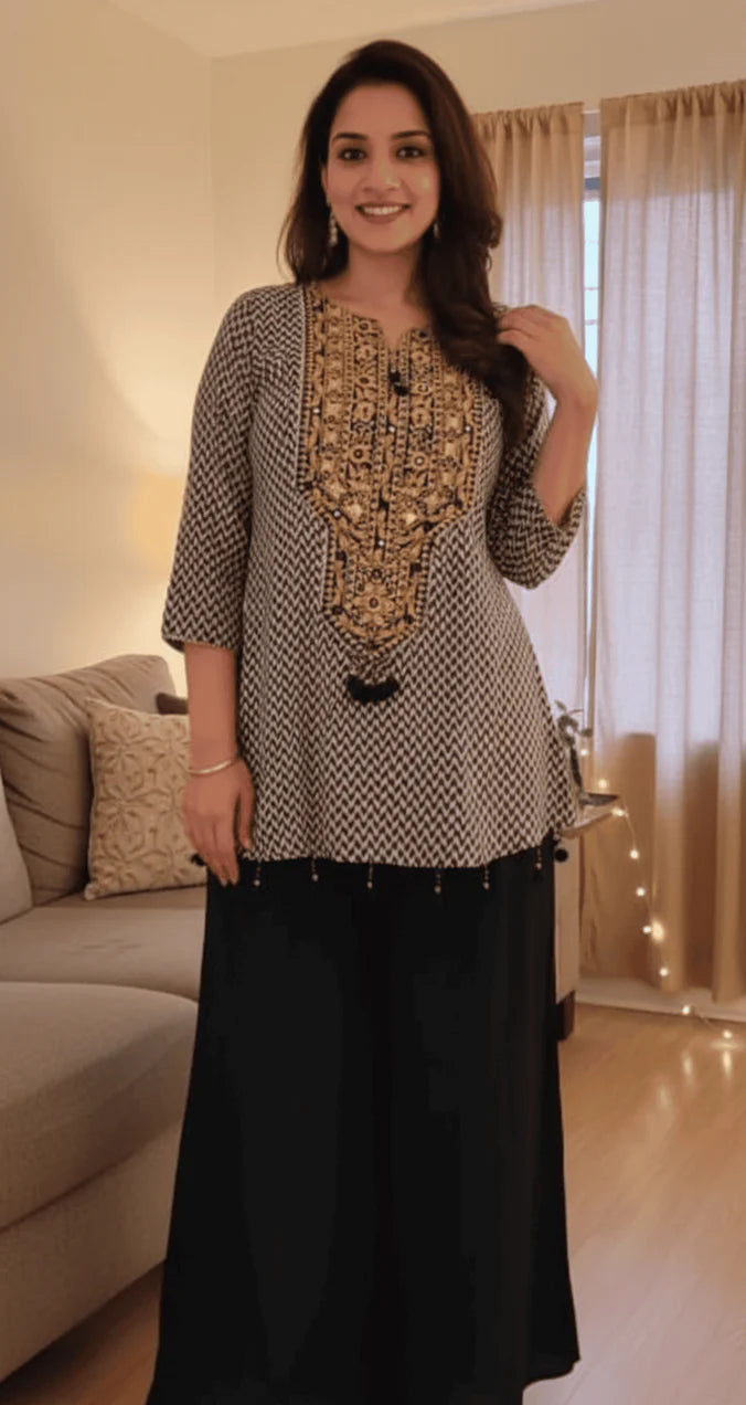 Criss Cross Black White Embroidered Co-Ord Set