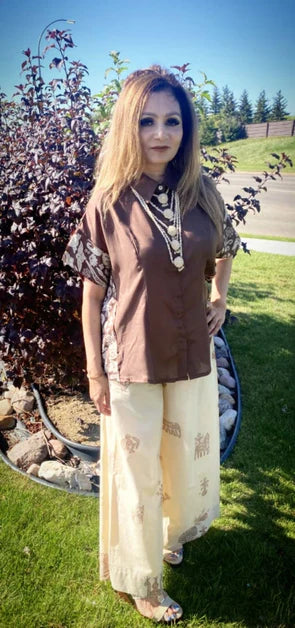 Premium Brown Cream Kaftan & Pants Set