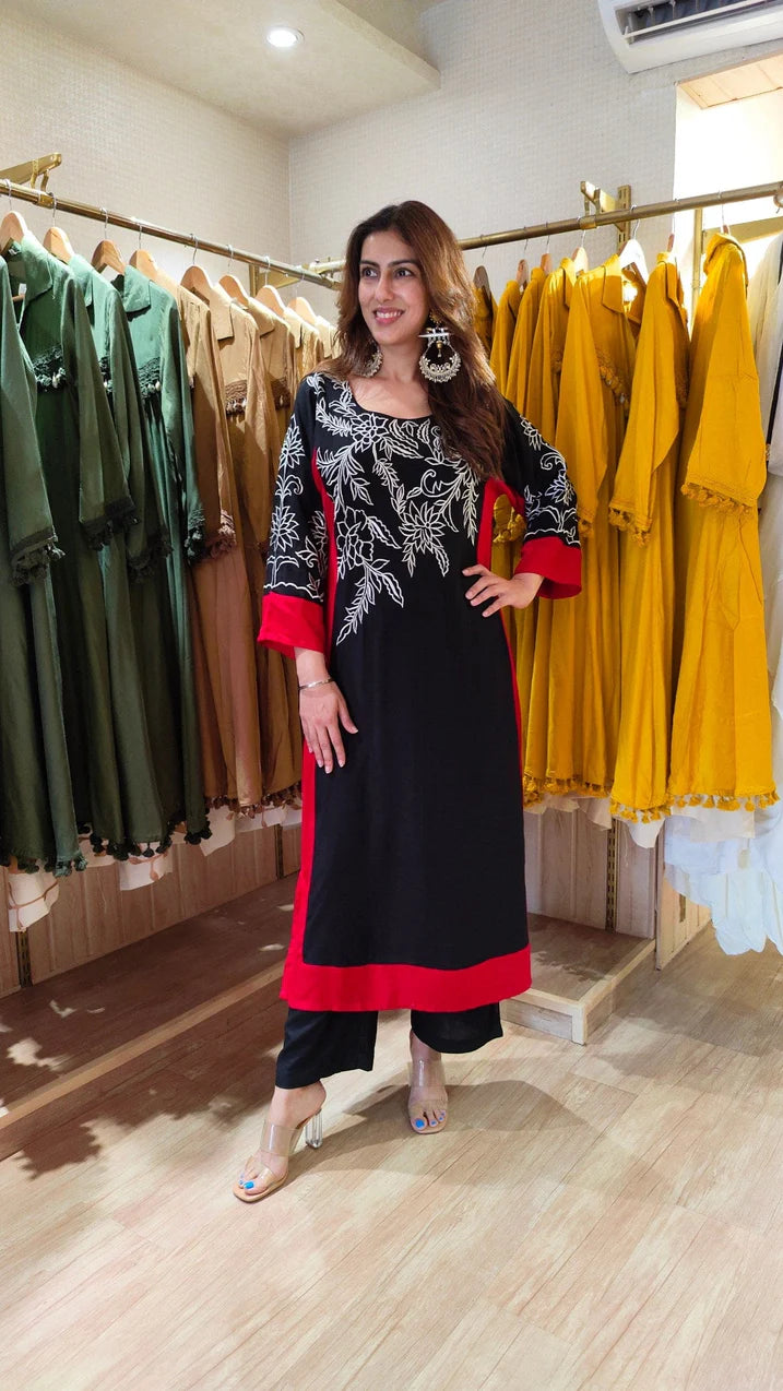 White Red Festive Long Kurta Set