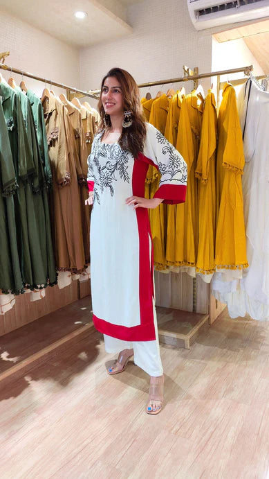 White Red Festive Long Kurta Set