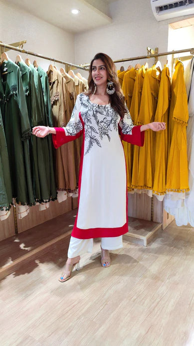 White Red Festive Long Kurta Set
