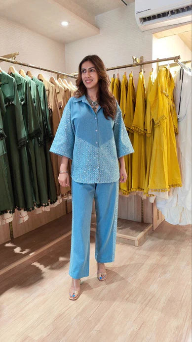 Denim Sparkle Shirt & Pant Set