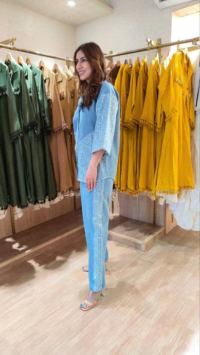 Denim Sparkle Shirt & Pant Set