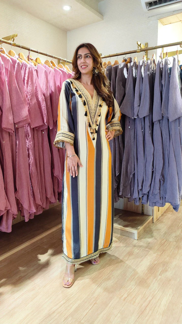 Blue Brown Abstract Kaftan Dress