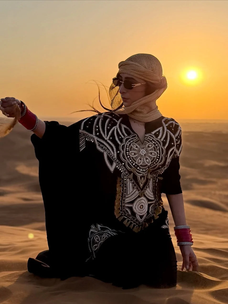 Luxury Black Embroidered Kaftan with Pants