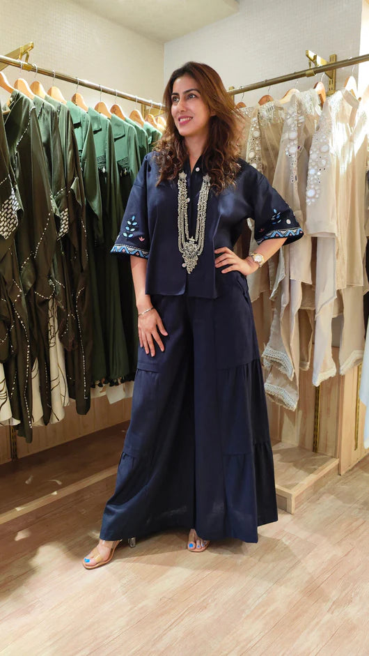 Blue Designer Embroidered Top Set