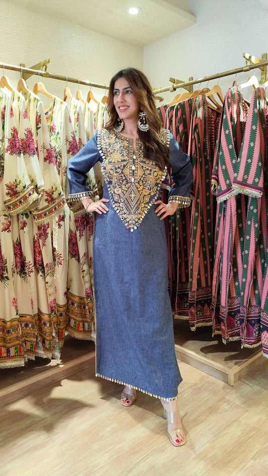 Royal Denim Gold Kaftan Dress