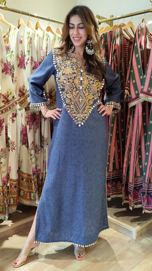 Royal Denim Gold Kaftan Dress