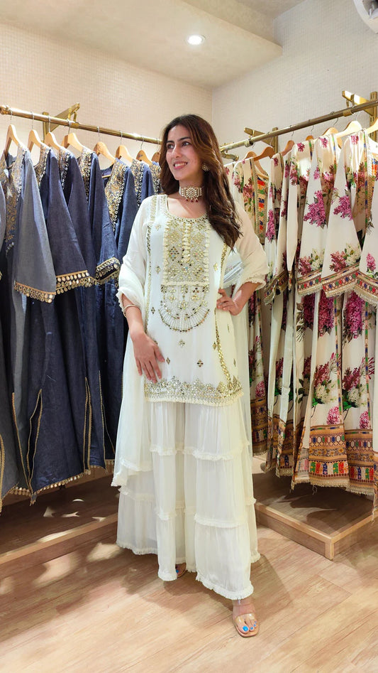 Snow White Designer Embroidered Sharara Set
