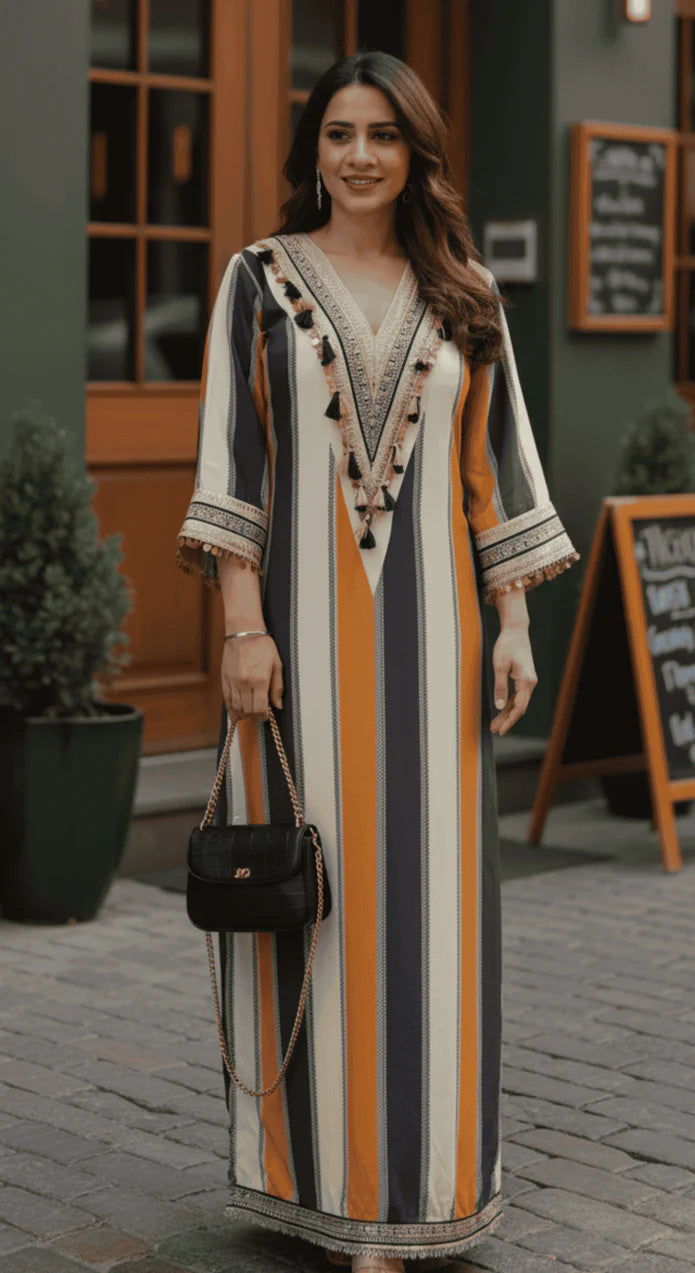 Blue Brown Abstract Kaftan Dress