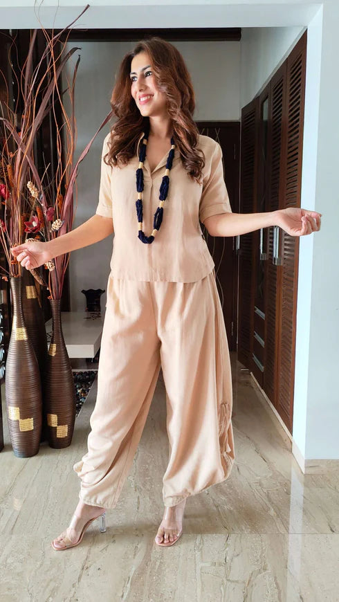 Classic Beige Co-Ord Set with Necklace