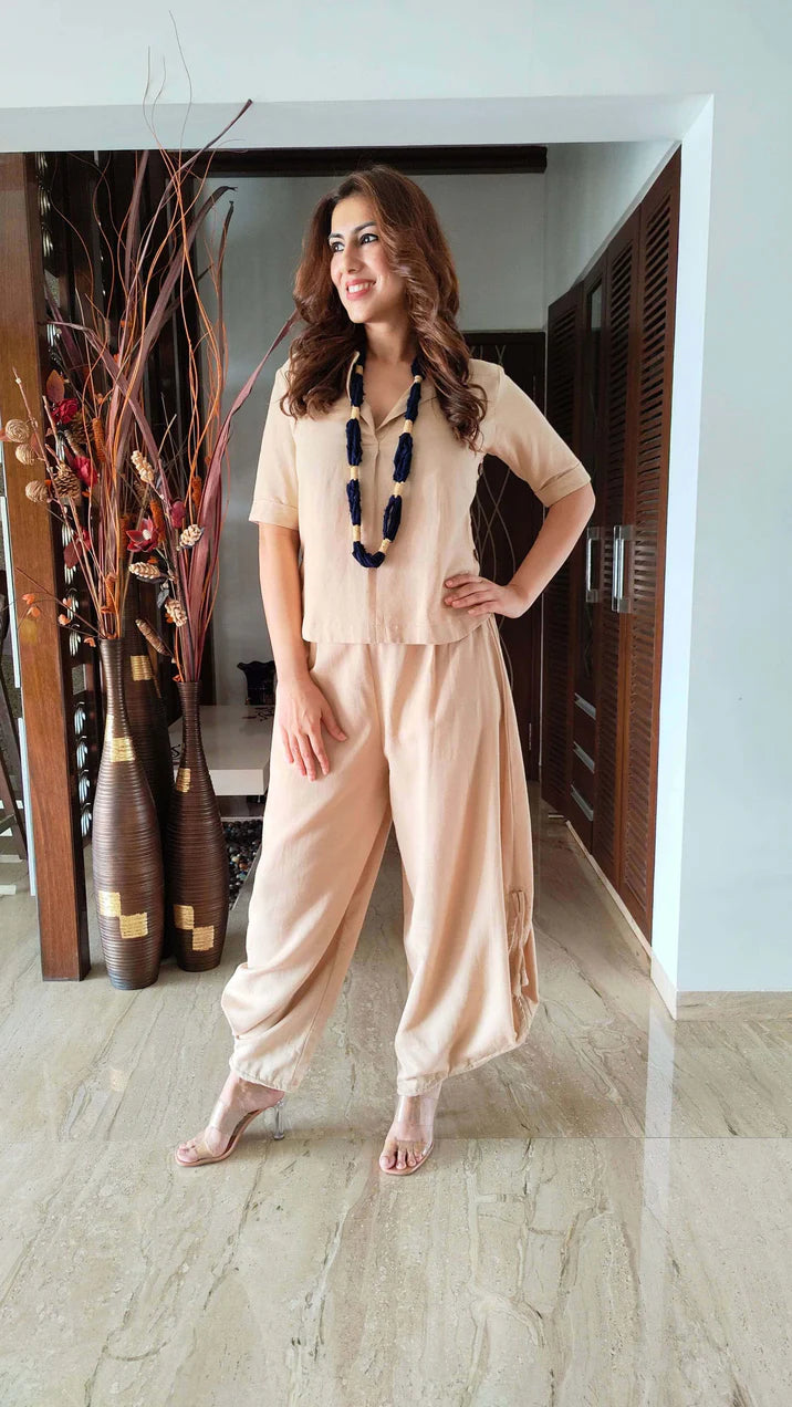 Classic Beige Co-Ord Set with Necklace