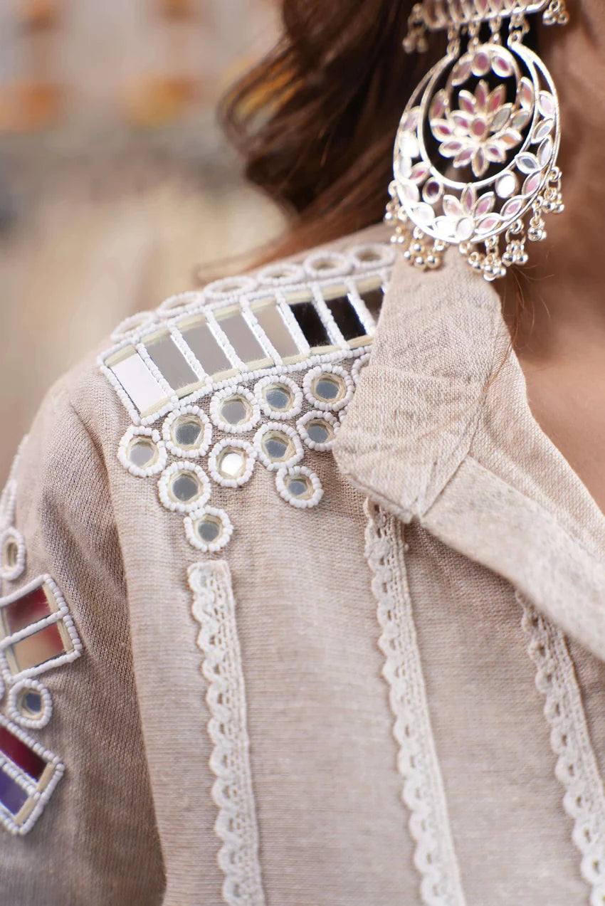 Classic Beige Mirror Work Co-Ord Set