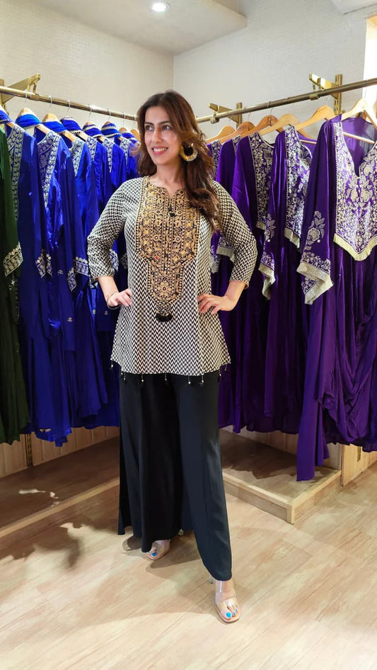 Criss Cross Black White Embroidered Co-Ord Set