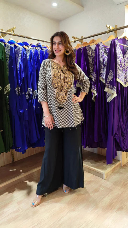 Criss Cross Black White Embroidered Co-Ord Set