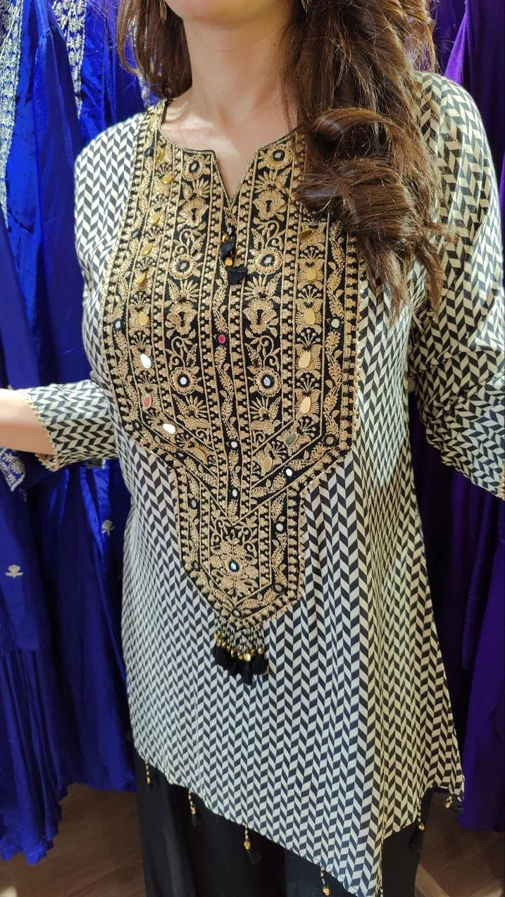 Criss Cross Black White Embroidered Co-Ord Set