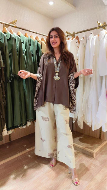 Premium Brown Cream Kaftan & Pants Set