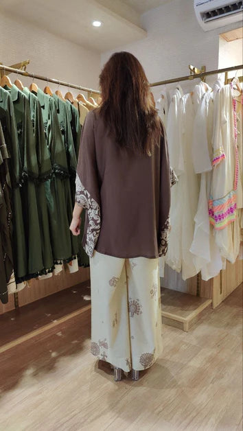 Premium Brown Cream Kaftan & Pants Set