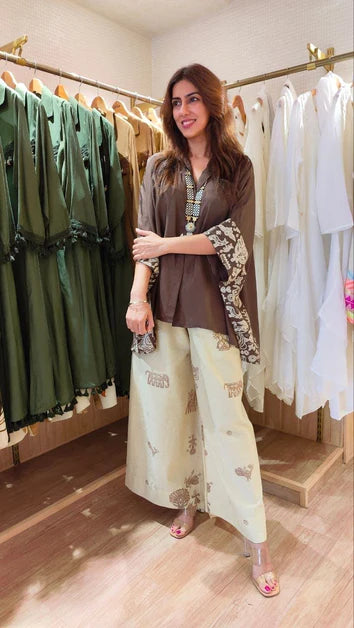Premium Brown Cream Kaftan & Pants Set