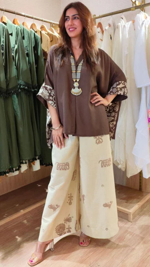 Premium Brown Cream Kaftan & Pants Set